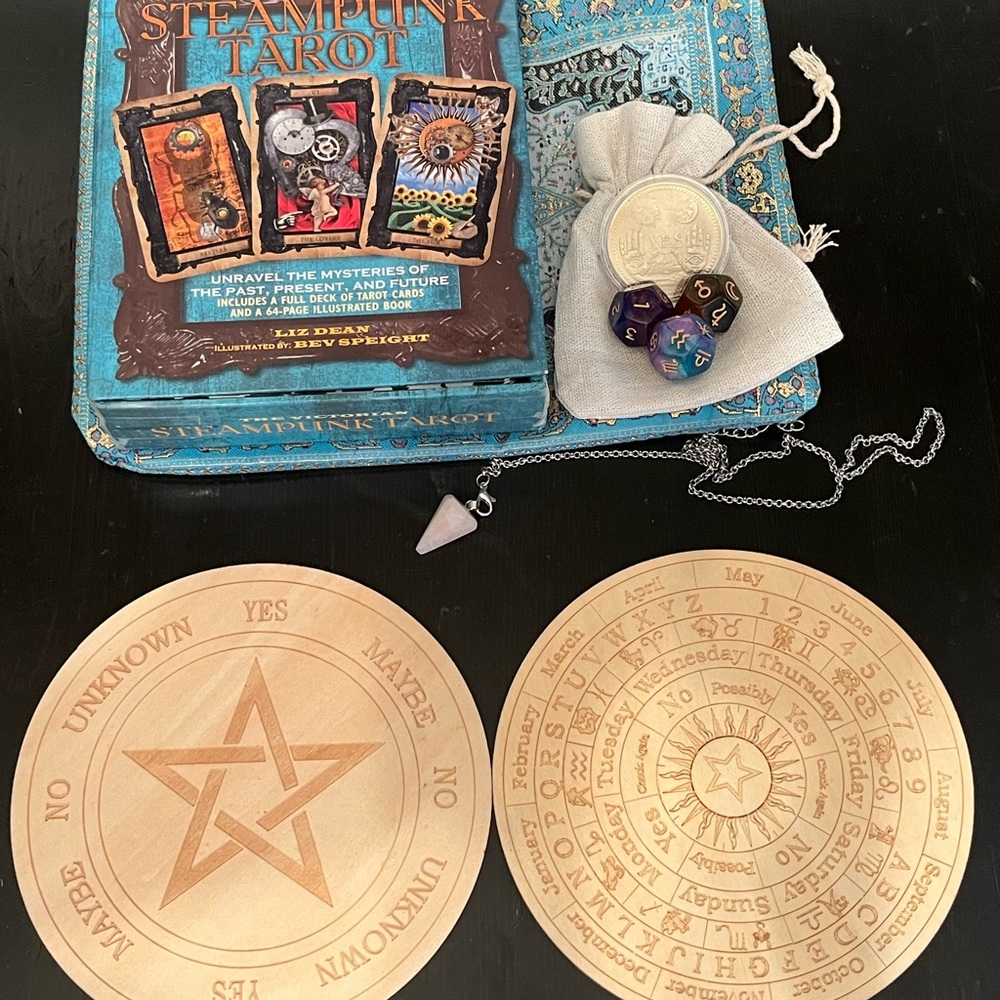 Steampunk Tarot Set with Wooden Divination Discs & Pendulum